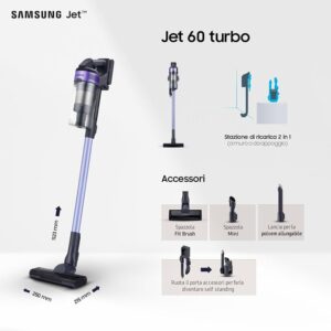 Samsung Aspirapolvere Senza Fili Jet 60 Turbo VS15A6031R4/ET, Senza Sacco, Potenza 150W, Fino a 40 min di Autonomia